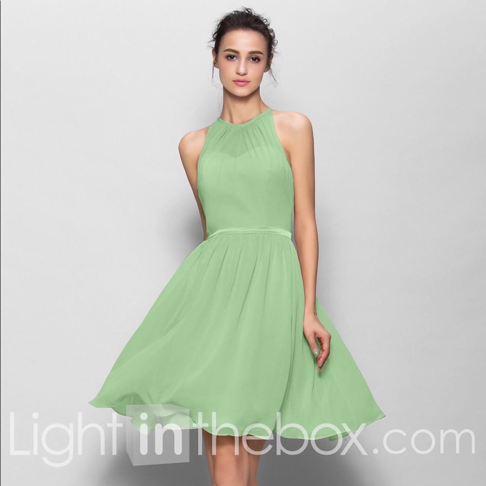 Sage A-Line Jewel Neck Georgette Bridesmaid Dress